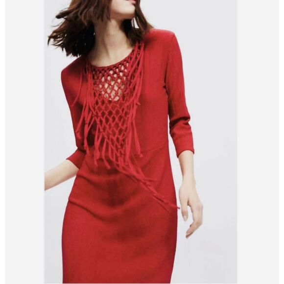 Zara women's red knotted crochet neck maxi dress braided macrame bodice - Picture 2 of 7